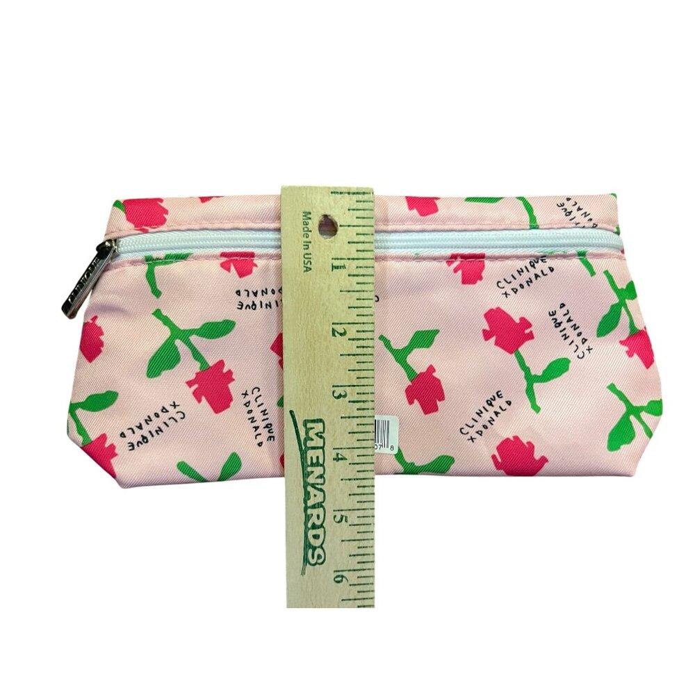 Clinique X Donald Floral Makeup Bag Pink W/ Green Flower Pattern Zipper Pouch 9. - Picture 8 of 9